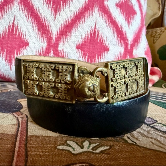 Antique Brass Belt Buckle from Hong Kong with Black Leather Belt